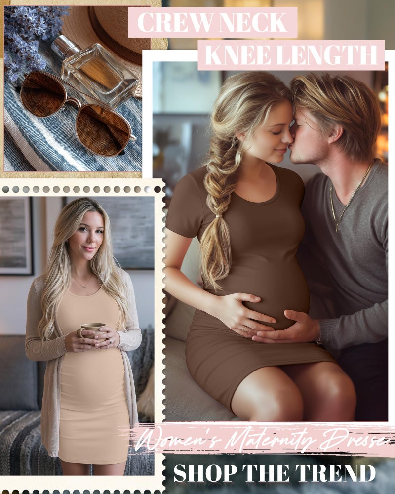 Riyiper 3 Pack Women's Maternity Dresses, Short Sleeve Pregnancy Dress Side Ruched Crew Neck Knee Length Mama Clothes(Black, Coffee, Khaki,Medium) - Image 5
