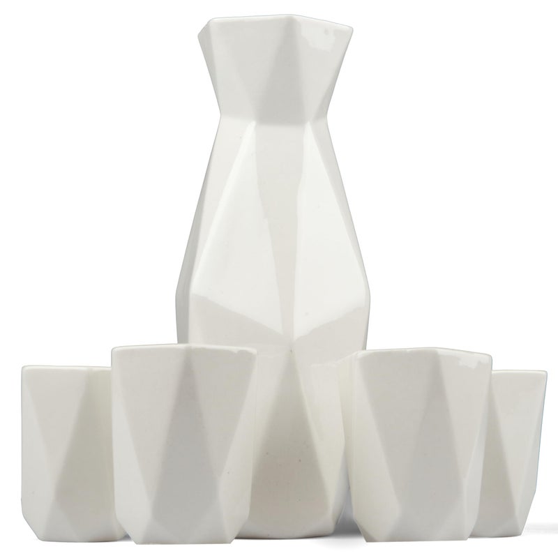 DEco 5 Piece Traditional Porcelain Japanese Sake Set White  1 Tokkuri Bottle 18 oz and 4 Ochko Cups  Unique Modern Design  Great Gift Set for Weddings or Housewarmings