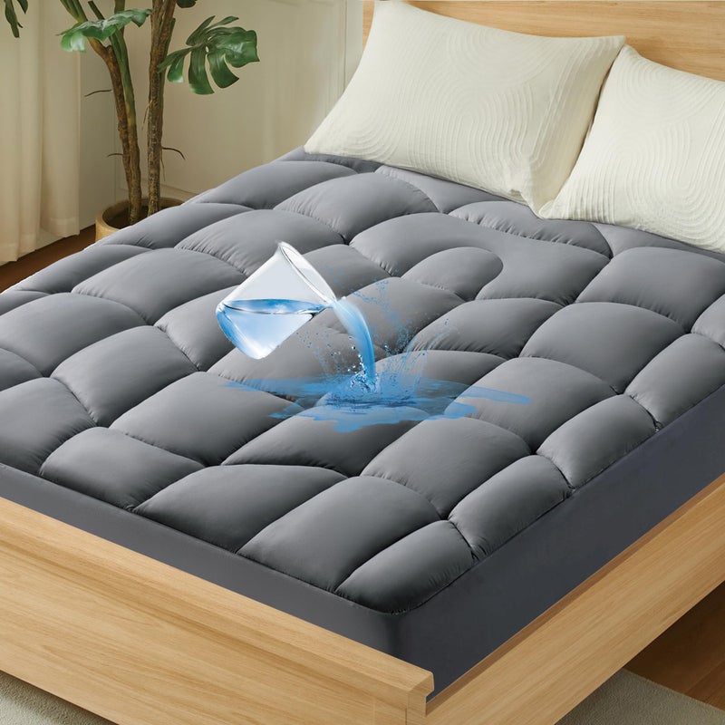 Unikome Full Mattress Pad Waterproof, Eco-Friendly Ergonomic Quilted Fitted Full Mattress Topper for Guest Room, Apartments, Noiseless and Machine Washable (Grey, 54x75) - Image 1