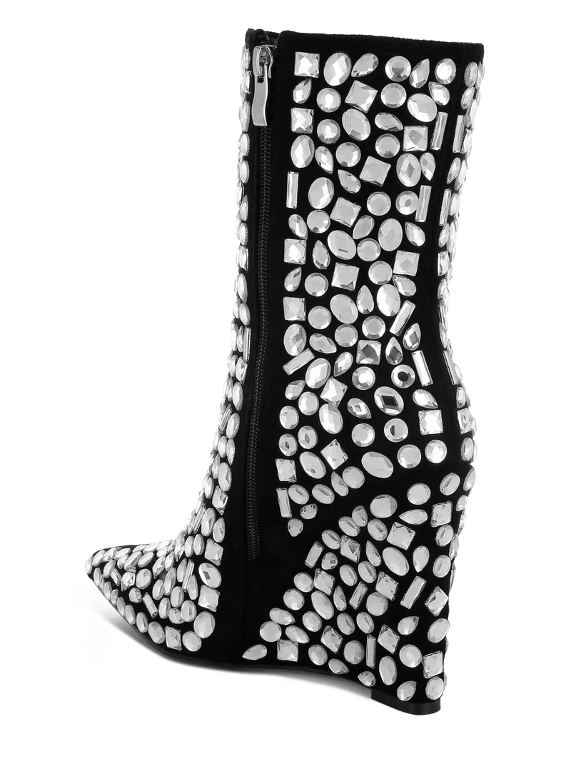London Rag Diamante Slim Wedge Heel Boots in Black