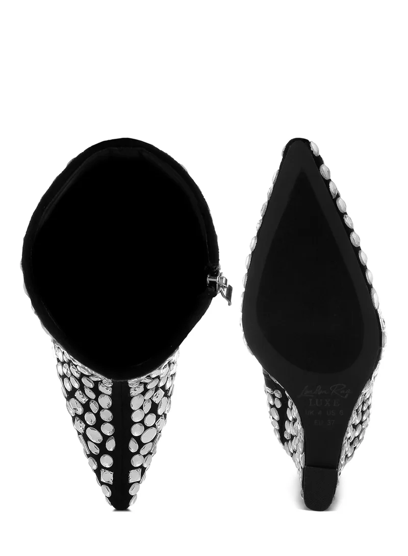 London Rag Diamante Slim Wedge Heel Boots in Black