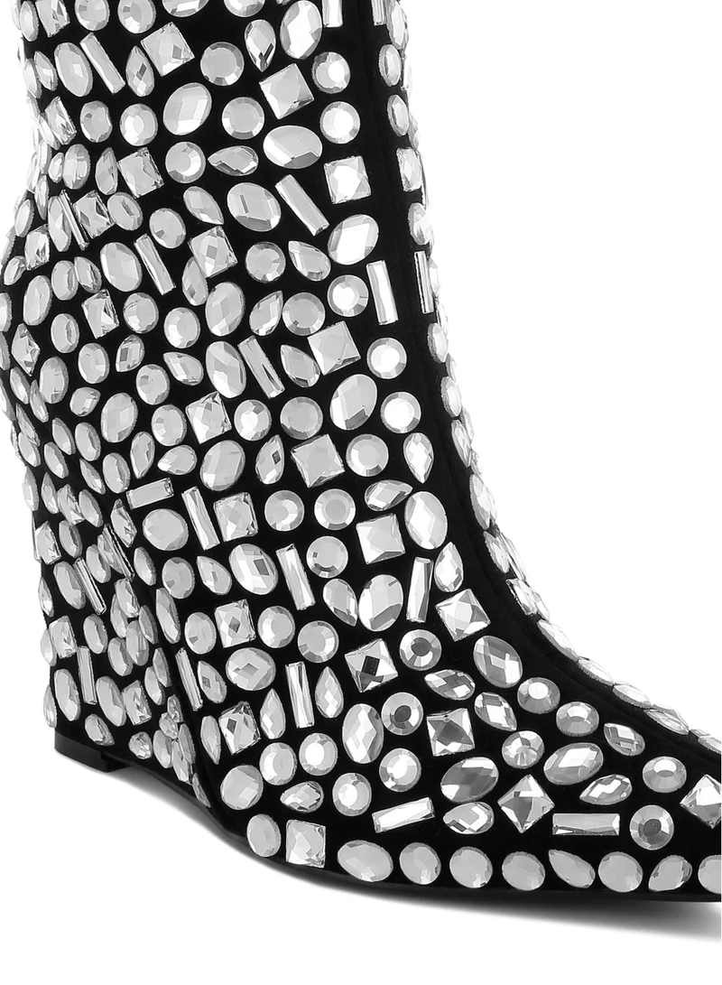 London Rag Diamante Slim Wedge Heel Boots in Black