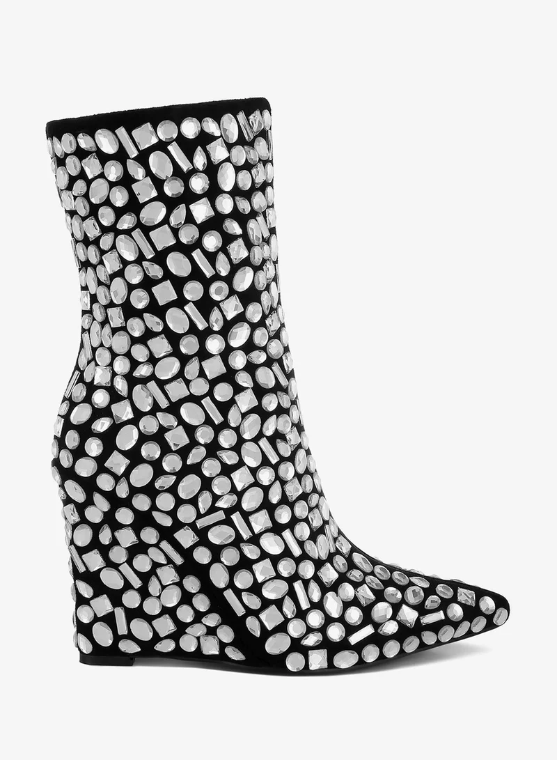 Diamante Slim Wedge Heel Boots in Black