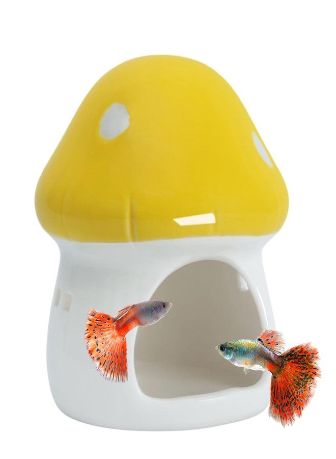 Saim Ceramics Mushroom House Aquarium Decor, Betta Fish Tank Accessories Landscape Decoration, Small Shrimp Goldfishes Habitat Hut Pleco Smalland Breeding Hide Caves Toad House - Yellow - Image 1