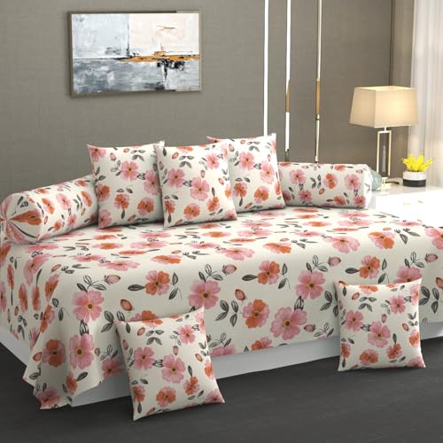 Slazie Cotton Diwan Set Covers |8 Pieces Diwan Cover Set|300 TC Fabric| Pure Cotton Printed Deewan Set (1 Single Bedsheet, 2 Bolster Covers, 5 Cushion Covers)|Orange Petals |SZDS 025 - Image 1