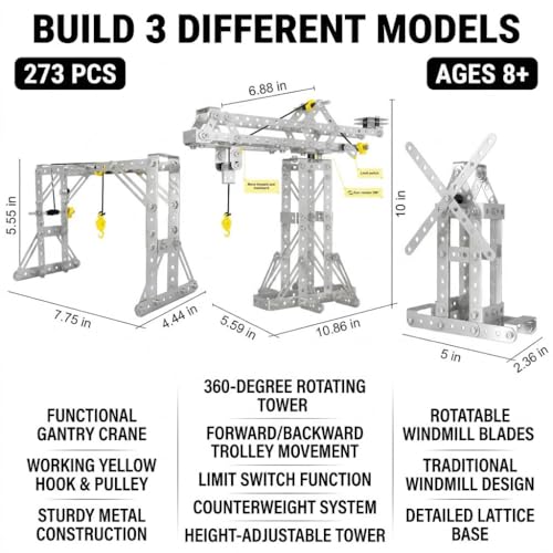 PANPAPA Metal Building Toys 273pcs 3 in 1 Tower Crane Frame Crane Windmill Metal Model SetErector Sets for Boys Age 812DIY Building Stem Projects Toys for KidsBirthday Gifts for Model Crane Fan - Image 5