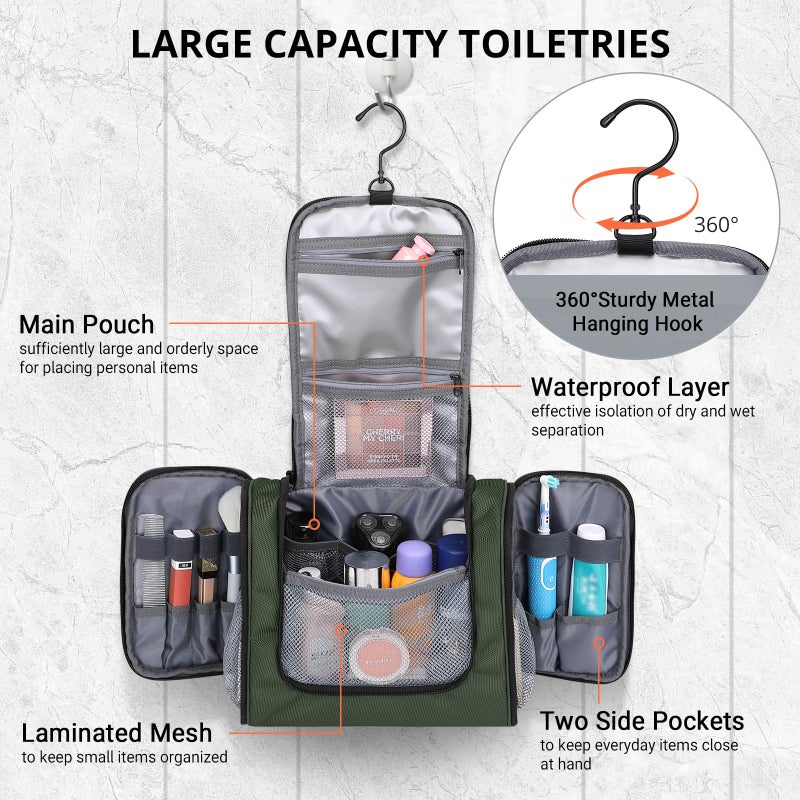 Witzman Toiletry Bag For Men Women Large Hanging Multi-Organization Bathroom Bag Water-Resistant Dopp Kit Shaving Bag Men(B690 Army Green) - Image 4