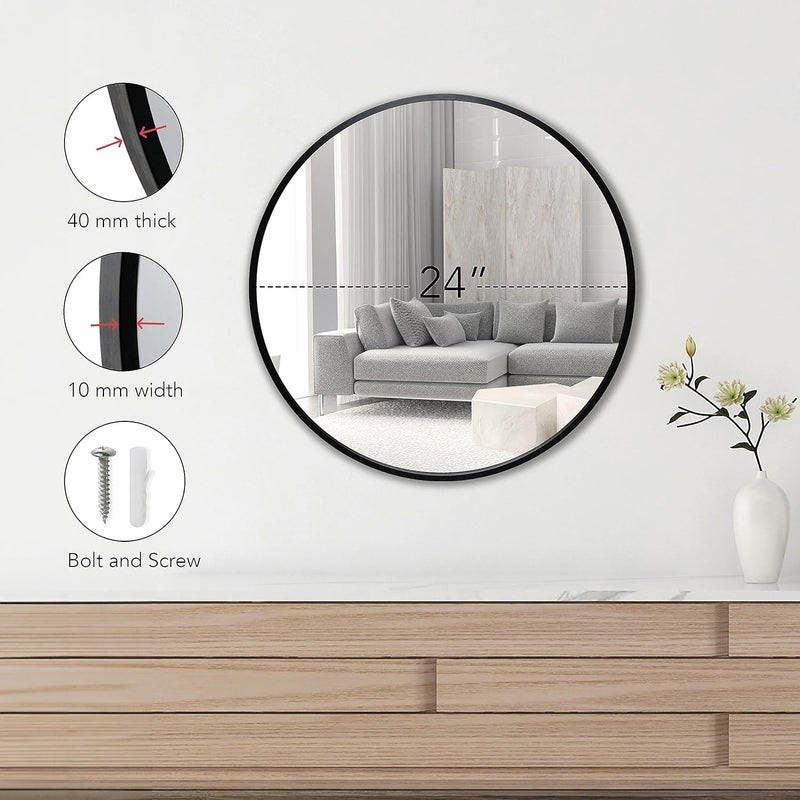TONES FRAME DESIGN إطار مرآة دائري معدني من بحجم 24 بوصة مثبت على الحائط، إطار مرآة دائري 60×60 سم (ألومنيوم مصقول لامع)، لغرفة النوم والحمام وغرفة المعيشة والمدخل (أسود) (AL-TS1950C/24BK) - Image 2