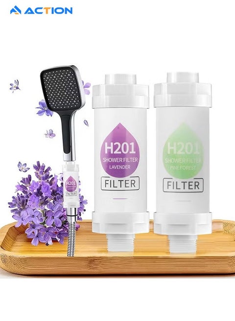 Two Pack Lavender Pinewood Vitamin C Shower Filters: Aromatherapy Hard Water Softener Chlorine and Fluoride Shower Filter Easy to Install Universal Output Shower Head for Healthier Skin and Hair