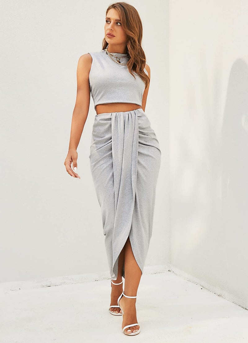 ZAFUL Women's Solid Marled Crop Top and Draped Ruched Maxi Skirt Set Two Piece Dress (B-Gray, M) - Image 5
