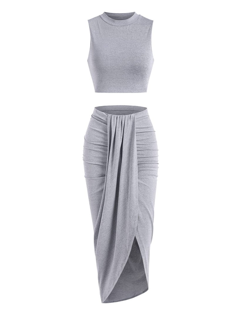 ZAFUL Women's Solid Marled Crop Top and Draped Ruched Maxi Skirt Set Two Piece Dress (B-Gray, M) - Image 1