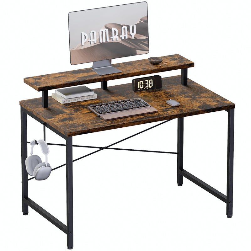 Pamray 32 Inch Small Computer Desk with Monitor Stand, Simple Office Desk with Headphone Hook for Small Spaces, Kids Study Writing Table for Bedroom, Vintage - Image 1