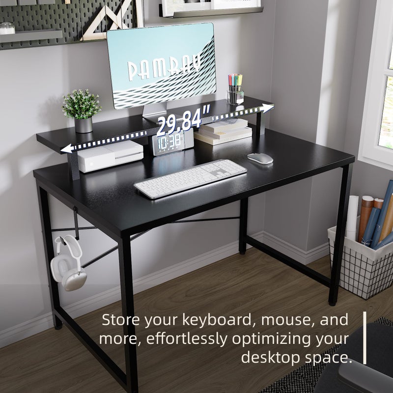 Pamray 32 Inch Small Computer Desk with Monitor Stand, Simple Office Desk with Headphone Hook for Small Spaces, Kids Study Writing Table for Bedroom, Vintage - Image 3