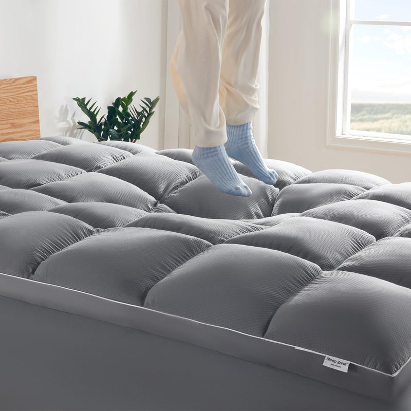 SLEEP ZONE Mattress Topper Queen Size, Extra Thick Fitted Mattress Pad for Back Pain, Plush and Support Mattress Cover, Deep Pockets Mattress Protector, Hotel Quality (Grey, Queen) - Image 1
