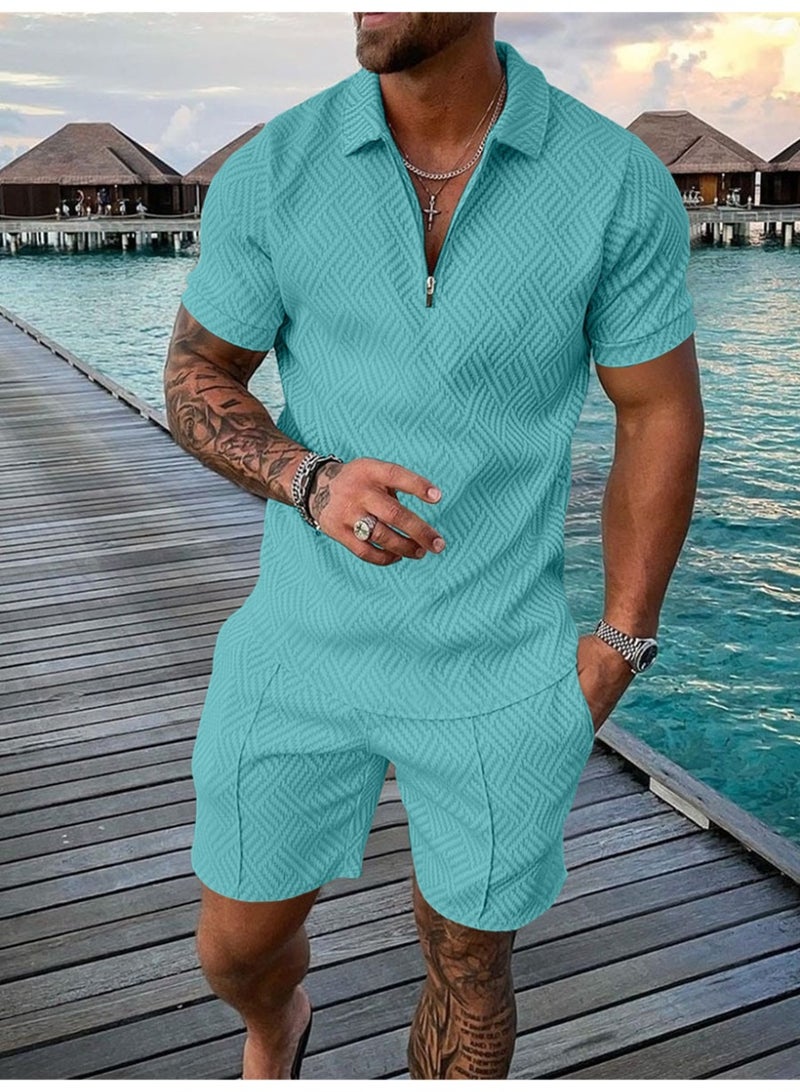 Spring and Summer Fashion Men's Short-sleeved Lapel Suit Men's Casual Two-piece Men's Daily Wear POLO Suit - Image 1