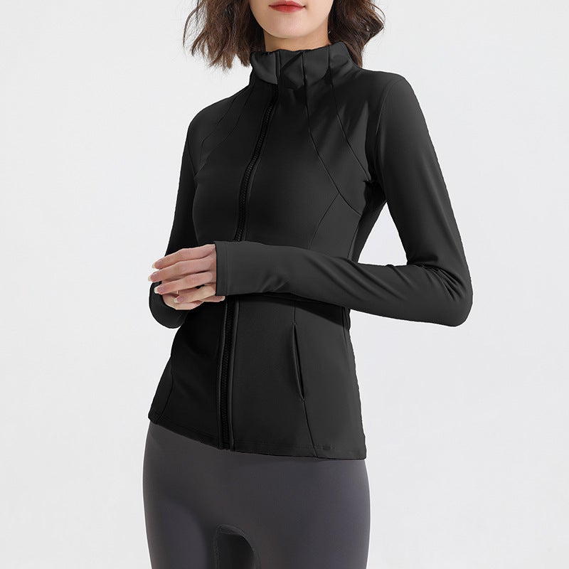 Generic Womens Zippered Fleece Yoga Jacket Breathable Quick-dry Fitness Sports Coat Autumn Winter Black (thin 314) 