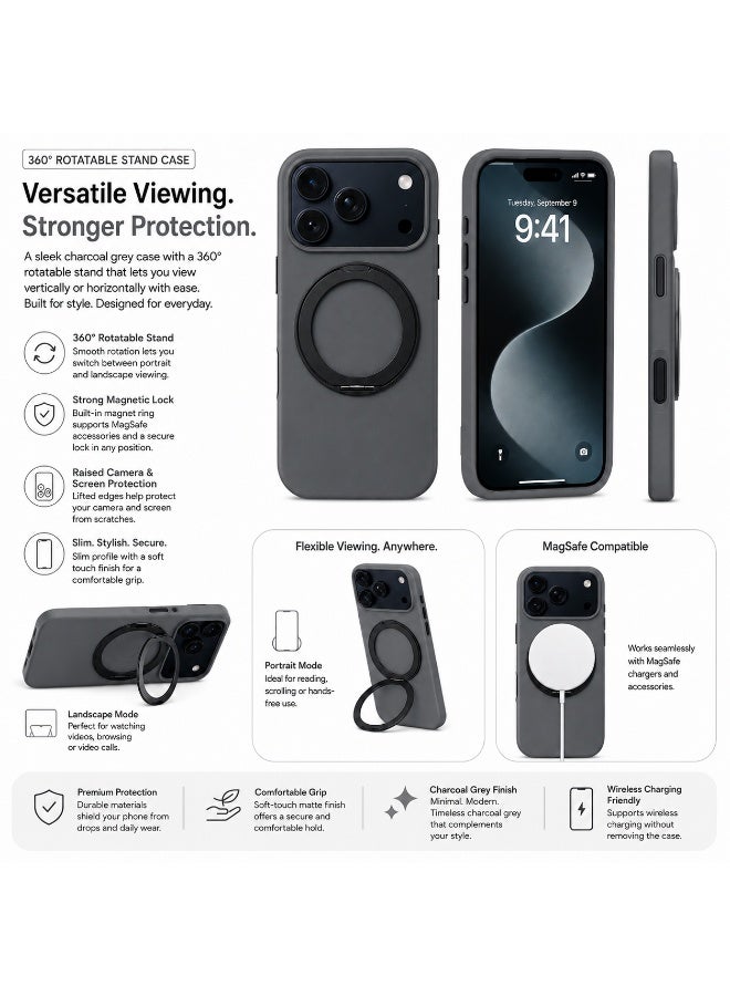 benco Premium Silicone Case with 360° Rotatable Stand for iPhone 17 Pro-Charcoal Grey - Image 2