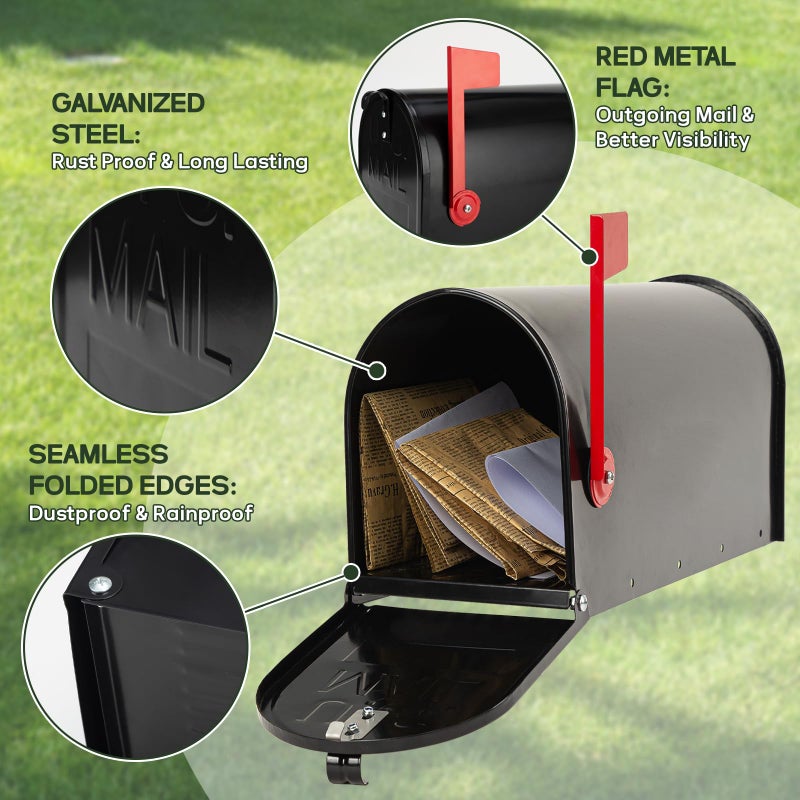RAINHOL Black Metal Mailboxes for Outside Post Mount, Standard Mail Box, Galvanized Steel Heavy Duty Mailbox, Medium Capacity, 19 x 8.7 x 6.7 inches - Image 4
