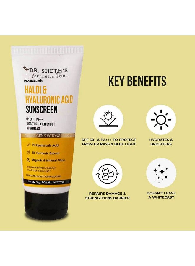 Dr. Sheth's Haldi & Hyaluronic Acid Cream Sunscreen With 1% Hyaluronic Acid & 1% Turmeric Extract Spf 50+ Pa+++ Hydrating & Brightening Protects Against Uva/Uvb & Blue Light For Unisex 50G - Image 3