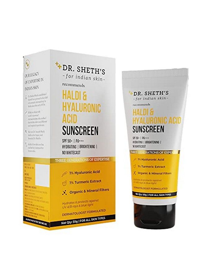 Dr. Sheth's Haldi & Hyaluronic Acid Cream Sunscreen With 1% Hyaluronic Acid & 1% Turmeric Extract Spf 50+ Pa+++ Hydrating & Brightening Protects Against Uva/Uvb & Blue Light For Unisex 50G - Image 1