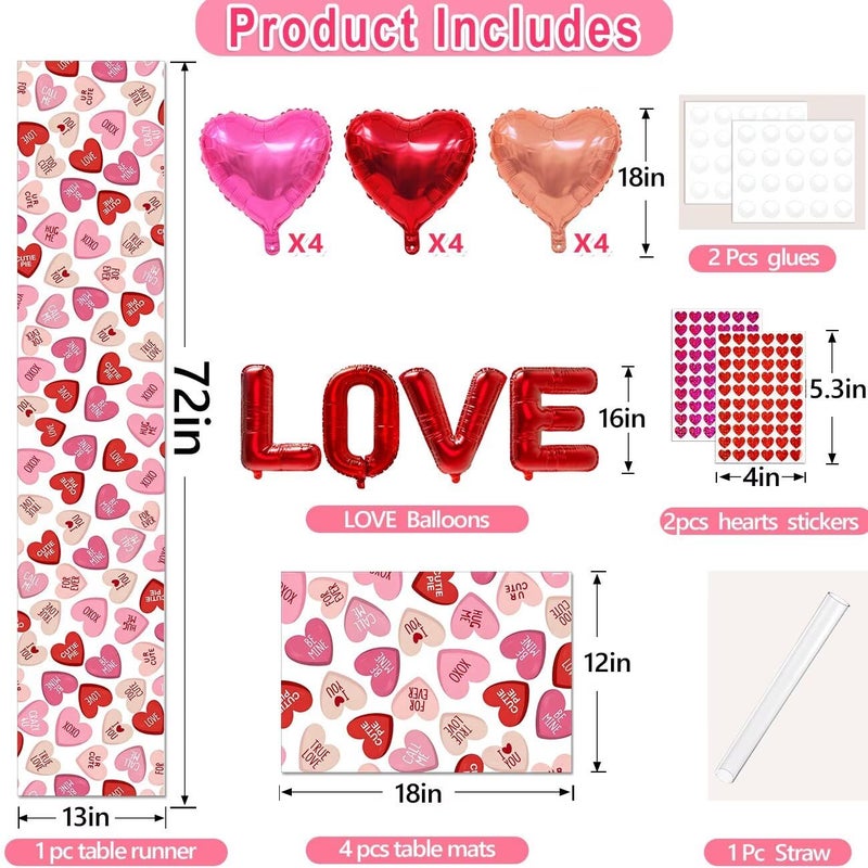 multiwins Valentines Day Table Runner and Placemat Set: 13"x72" Pink Ture Love Heart Table Runner with 4 Pcs 12"x18" Mats - Includes Love Balloon, 12 Heart Balloons, Stickers & Straws for Home Decor - Image 2