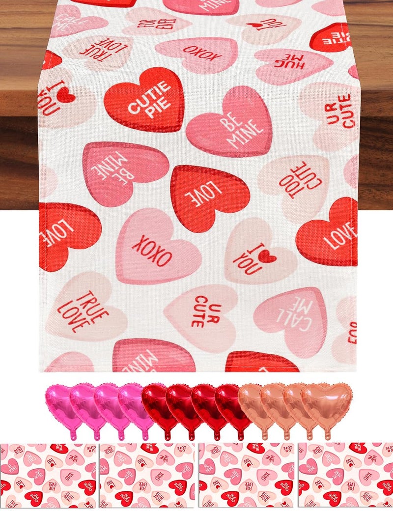 multiwins Valentines Day Table Runner and Placemat Set: 13"x72" Pink Ture Love Heart Table Runner with 4 Pcs 12"x18" Mats - Includes Love Balloon, 12 Heart Balloons, Stickers & Straws for Home Decor - Image 1