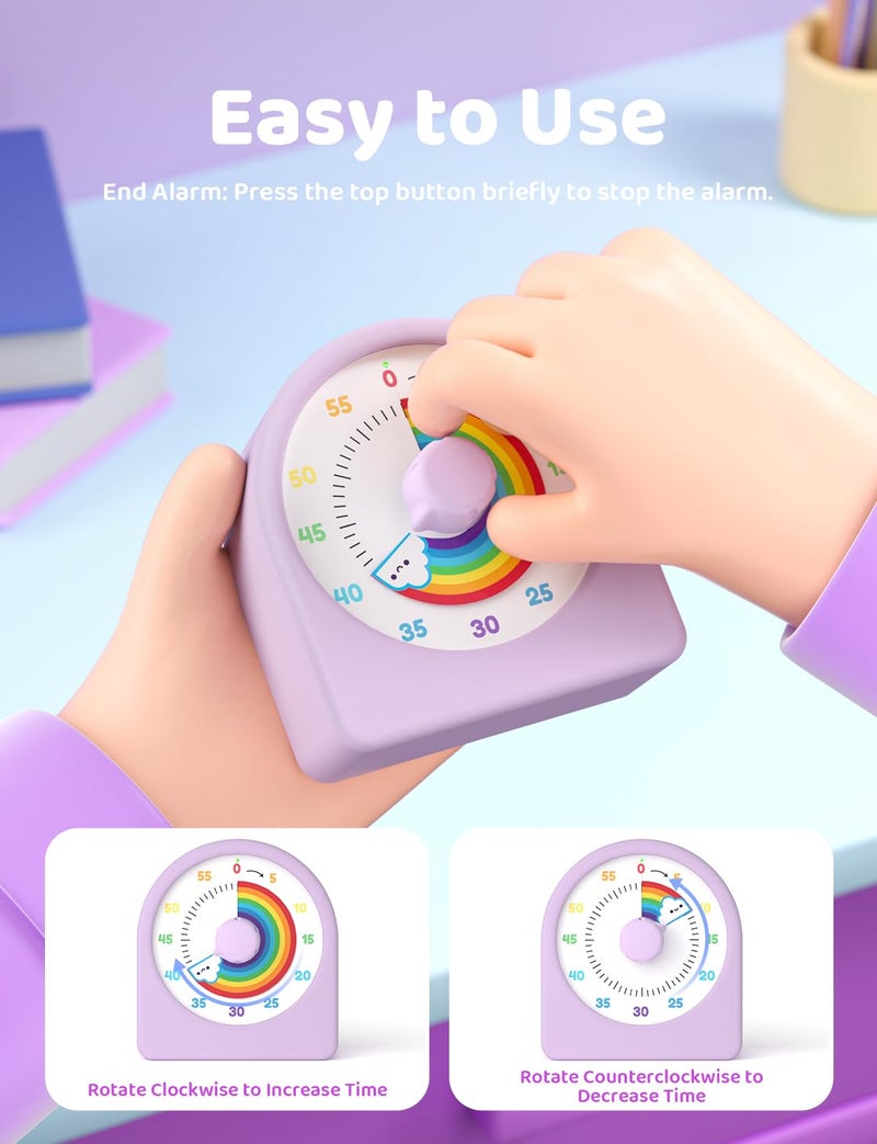 LIORQUE Visual Timer for Kids with Pause Function,Timer for Kids and Adults, Protective Case, Silent Time Management Tool, 60-Minute Countdown for Classroom, Office, Meetings, Study, Kitchen(Rainbow) - Image 4