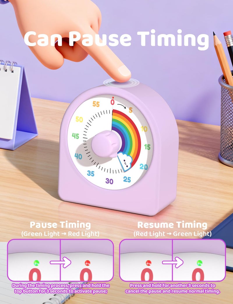 LIORQUE Visual Timer for Kids with Pause Function,Timer for Kids and Adults, Protective Case, Silent Time Management Tool, 60-Minute Countdown for Classroom, Office, Meetings, Study, Kitchen(Rainbow) - Image 5