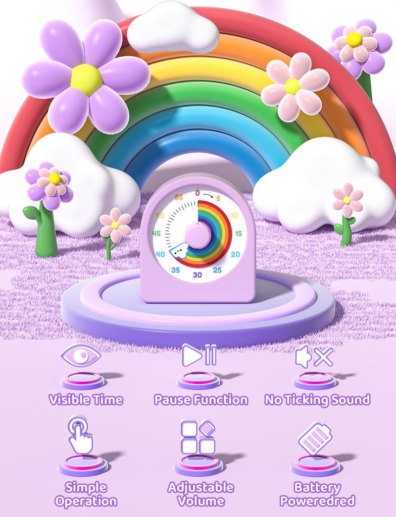 LIORQUE Visual Timer for Kids with Pause Function,Timer for Kids and Adults, Protective Case, Silent Time Management Tool, 60-Minute Countdown for Classroom, Office, Meetings, Study, Kitchen(Rainbow) - Image 2