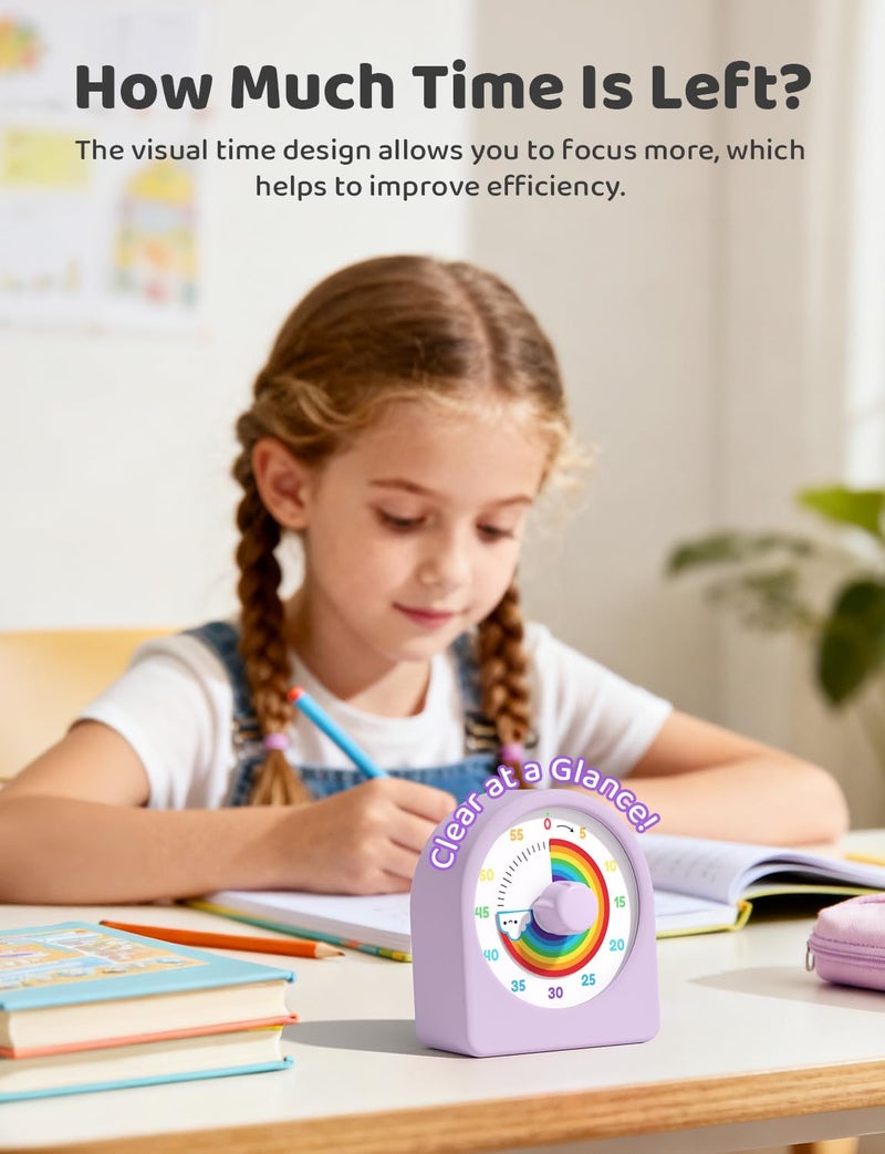 LIORQUE Visual Timer for Kids with Pause Function,Timer for Kids and Adults, Protective Case, Silent Time Management Tool, 60-Minute Countdown for Classroom, Office, Meetings, Study, Kitchen(Rainbow) - Image 3