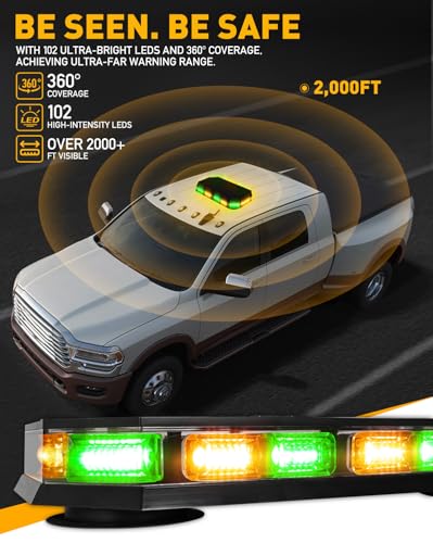 HLauto 406D Rooftop Emergency Strobe Lights Bar, 102 LED Amber Green Mini Beacon Safety Flashing Warning Traffic Lights Bar w/Magnetic Base for 12-24V Trucks, Construction Vehicles, Snowplow, Cars - Image 3