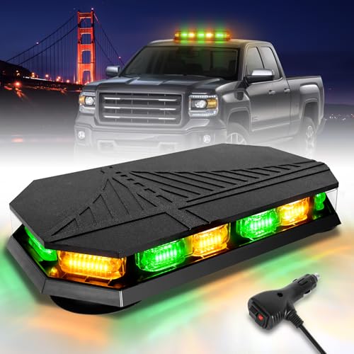 HLauto 406D Rooftop Emergency Strobe Lights Bar, 102 LED Amber Green Mini Beacon Safety Flashing Warning Traffic Lights Bar w/Magnetic Base for 12-24V Trucks, Construction Vehicles, Snowplow, Cars - Image 1