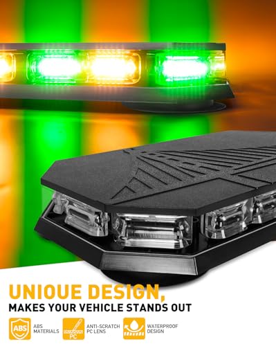 HLauto 406D Rooftop Emergency Strobe Lights Bar, 102 LED Amber Green Mini Beacon Safety Flashing Warning Traffic Lights Bar w/Magnetic Base for 12-24V Trucks, Construction Vehicles, Snowplow, Cars - Image 2