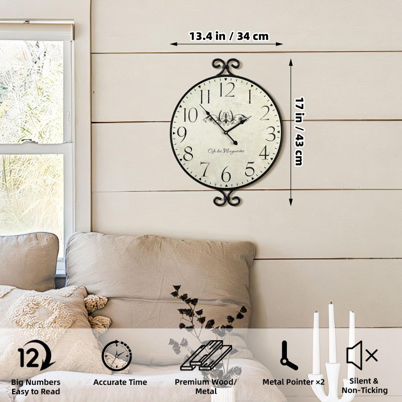 JUMBO DECOR Farmhouse Wall Clock, 17HÃ—13.4D Inch, Wrought Iron Frame with Warm Gray Finish, Vintage Wall Clock Silent Battery Operated Wall Clocks for Home Living Room Kitchen Bedroom - Image 2