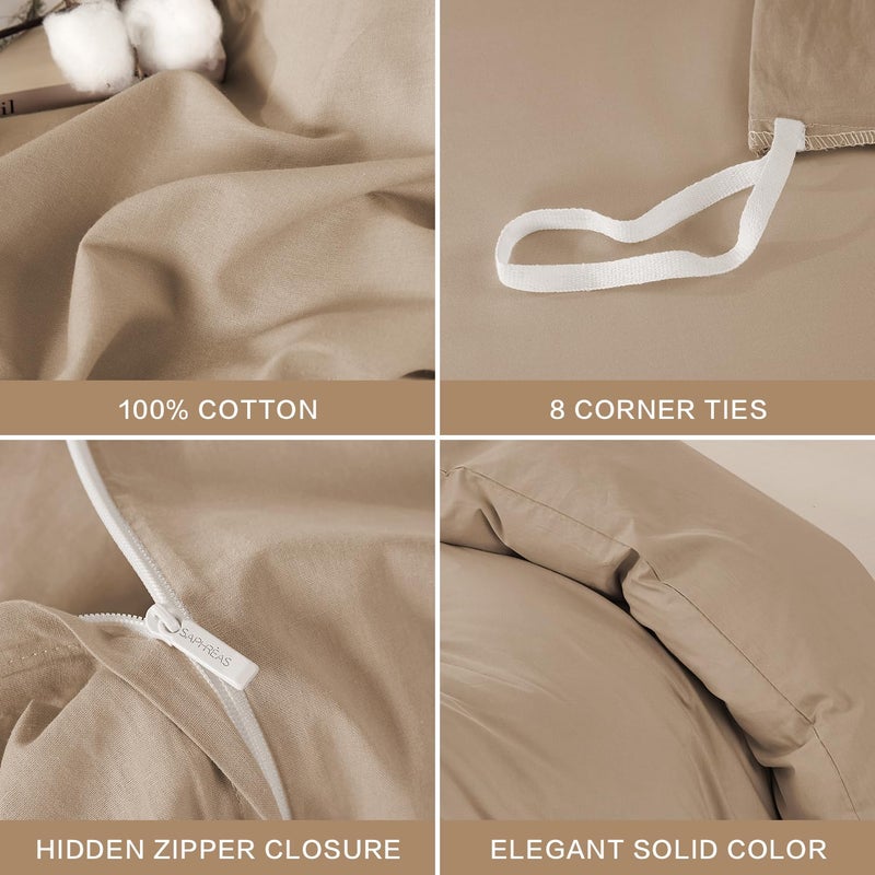 SAPHREAS 100% Washed Cotton Duvet Cover Queen Size Set, Linen Like Comforter Cover with Zipper Closure & Corner Ties (No Comforter), 90x90 Khaki - Image 5