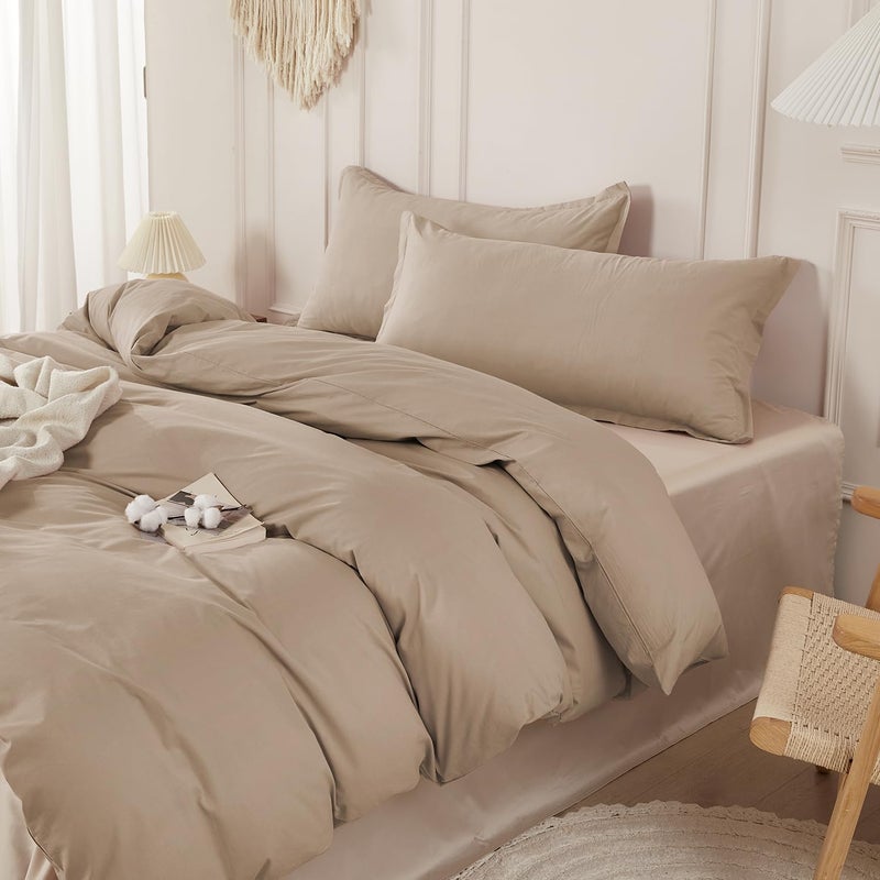 SAPHREAS 100% Washed Cotton Duvet Cover Queen Size Set, Linen Like Comforter Cover with Zipper Closure & Corner Ties (No Comforter), 90x90 Khaki - Image 1