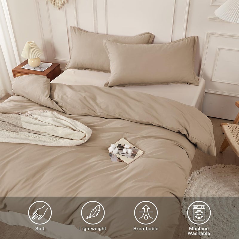 SAPHREAS 100% Washed Cotton Duvet Cover Queen Size Set, Linen Like Comforter Cover with Zipper Closure & Corner Ties (No Comforter), 90x90 Khaki - Image 4