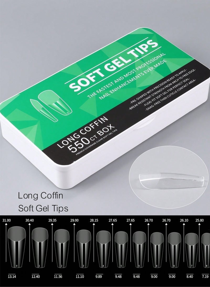 كيلا 550 قطعة من أطراف الأظافر الهلامية الناعمة ذات التابوت الطويل - أظافر شفافة شبه مصقولة قابلة للضغط للاستخدام المنزلي وصالونات التجميل، سهلة الاستخدام مع جل الأشعة فوق البنفسجية، أظافر صناعية بتصميم فرنسي، 12 مقاسًا مع صندوق تخزين، وصلات أظافر، تابوت طويل - Image 2
