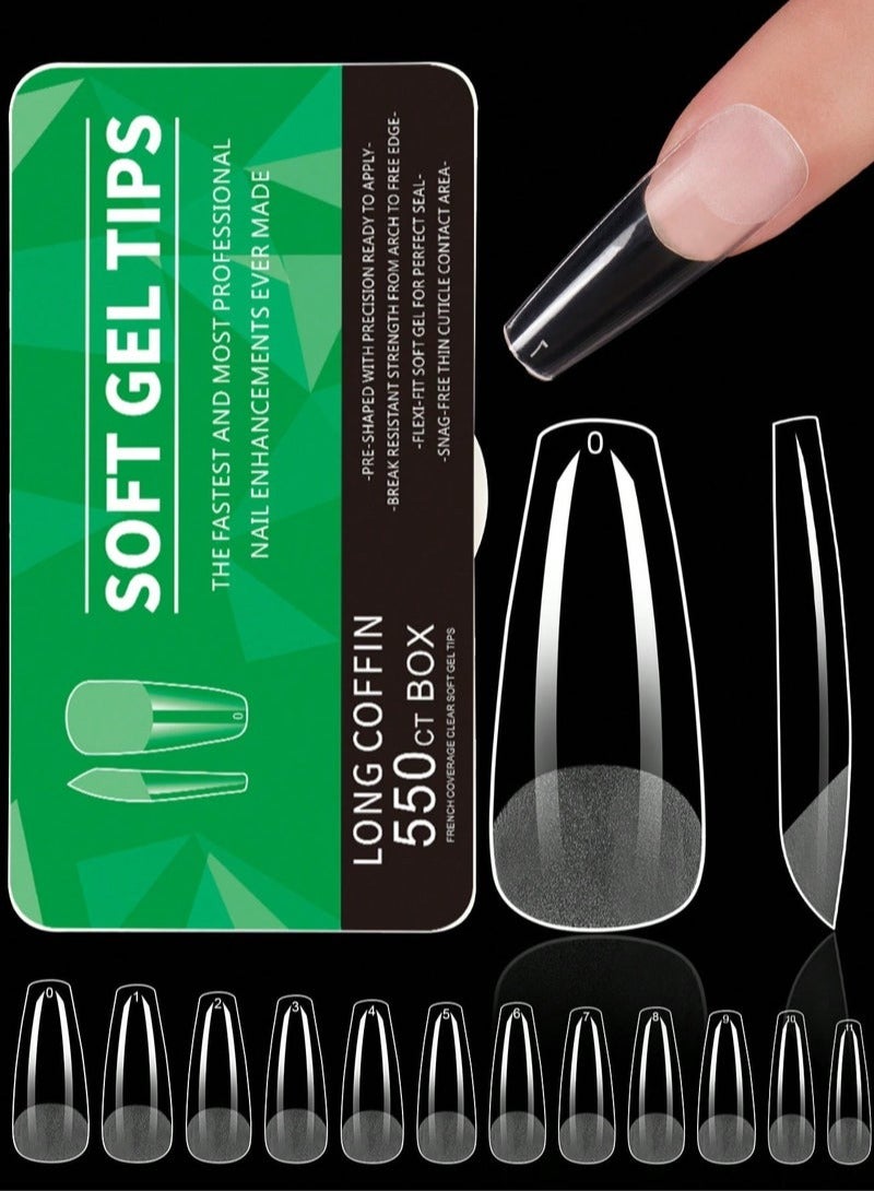 كيلا 550 قطعة من أطراف الأظافر الهلامية الناعمة ذات التابوت الطويل - أظافر شفافة شبه مصقولة قابلة للضغط للاستخدام المنزلي وصالونات التجميل، سهلة الاستخدام مع جل الأشعة فوق البنفسجية، أظافر صناعية بتصميم فرنسي، 12 مقاسًا مع صندوق تخزين، وصلات أظافر، تابوت طويل - Image 1