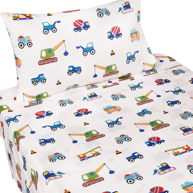 Jpinno Build Construction Engineering Vehicle Cars Trucks Crane Digger Cartoon 100 Cotton Twin 3 Pieces Sheet Set Decoration Kids Boys Children Flat Sheet Fitted Sheet Pillowcase Bedding Set
