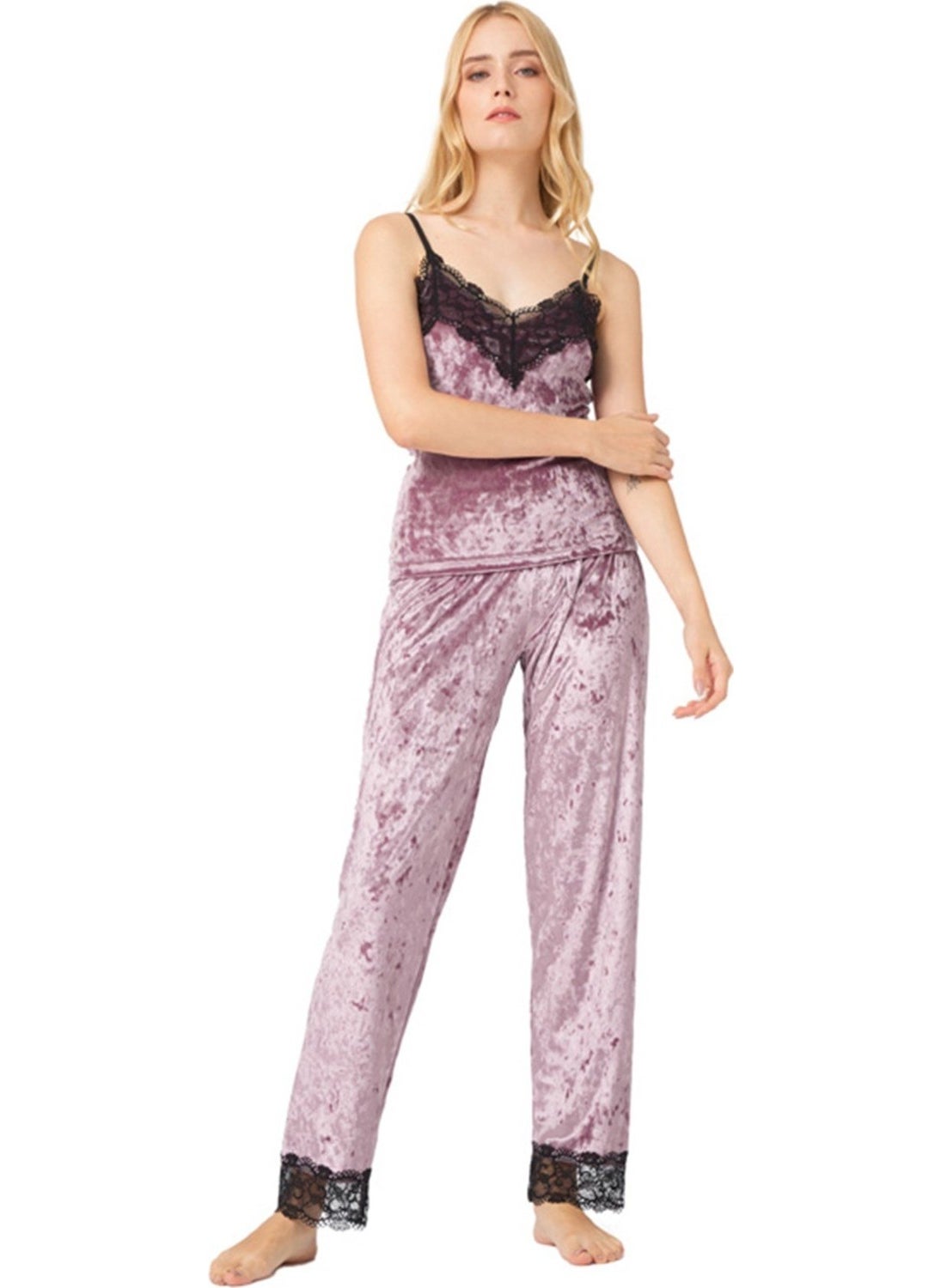 COTTONHILL Powder Lace Detailed Velvet Women's Pajama Set  - Image 1