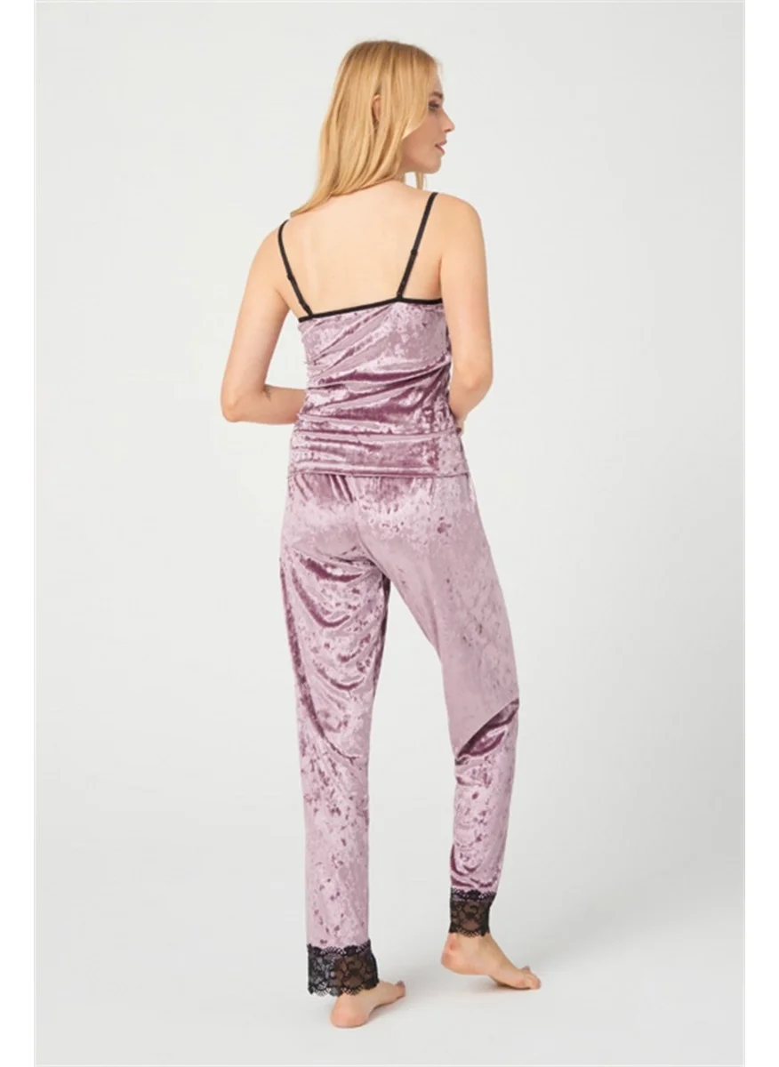 كوتن هيل Powder Lace Detailed Velvet Women's Pajama Set