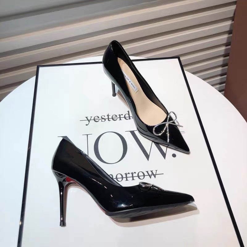 Fresh Girl'S Rhinestone Bow Patent Leather High Heels Slim-Fit Stiletto Pointed-Toe Shoes Evening Shoes - Image 5