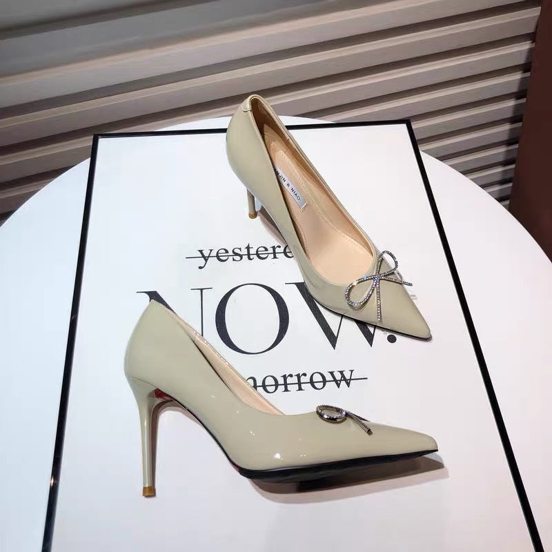 Fresh Girl'S Rhinestone Bow Patent Leather High Heels Slim-Fit Stiletto Pointed-Toe Shoes Evening Shoes - Image 2