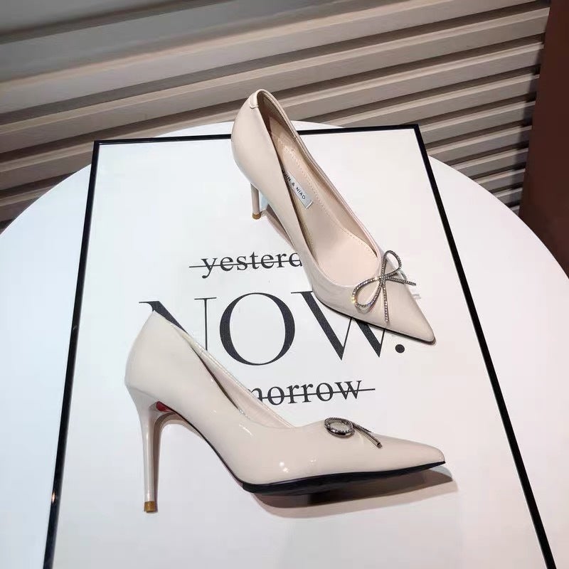 Fresh Girl'S Rhinestone Bow Patent Leather High Heels Slim-Fit Stiletto Pointed-Toe Shoes Evening Shoes - Image 3