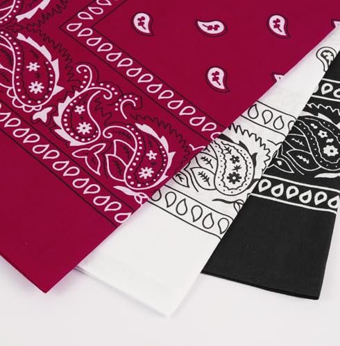 Bycc Bynn 3 Pack 100% Cotton Paisley Bandanas Square Scarf Headwear (Black + Burgundy + White) - Image 4