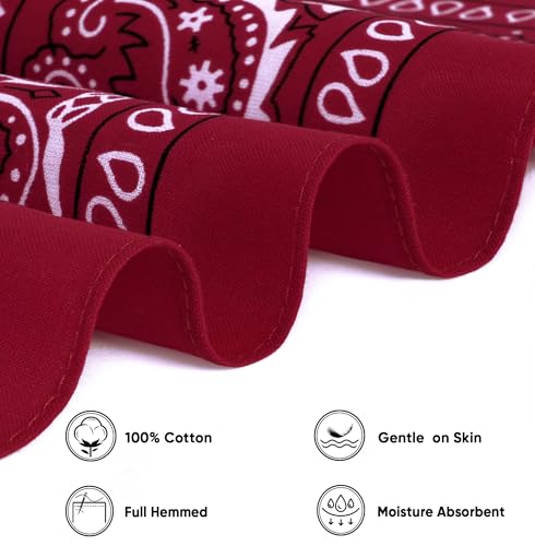 Bycc Bynn 3 Pack 100% Cotton Paisley Bandanas Square Scarf Headwear (Black + Burgundy + White) - Image 3