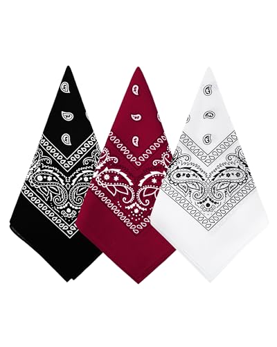 Bycc Bynn 3 Pack 100% Cotton Paisley Bandanas Square Scarf Headwear (Black + Burgundy + White) - Image 1