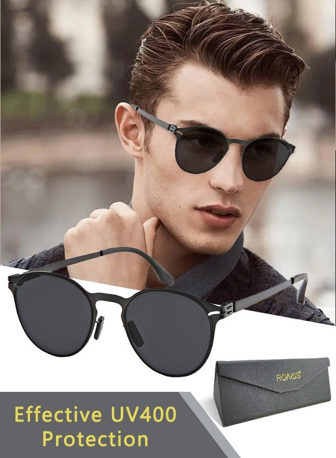 roaiss Men's Round Sunglasses UV400 Protection Sun Glasses with Ultralight Metal Frame Fashion Anti-Glare Sun Shades for Men Driving Fishing Traveling Black - Image 1