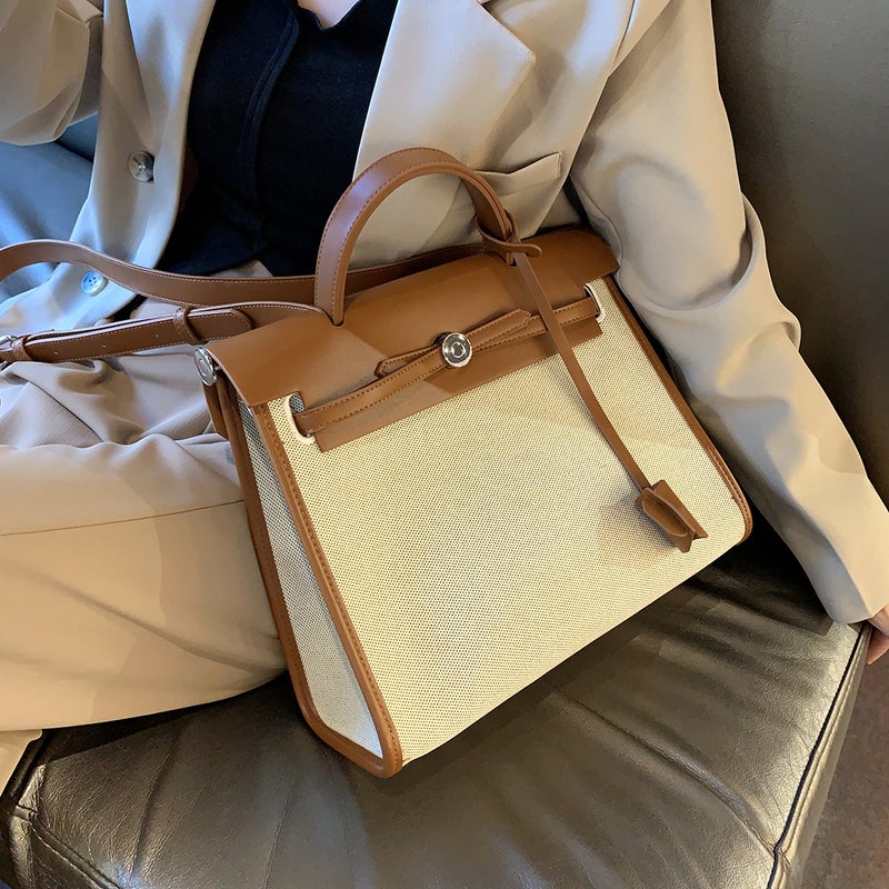 Large-Capacity Kelly Bag 2026 Spring/ Trendy Versatile Canvas Color-Blocking Commuter Tote Shoulder Crossbody Bag - Image 2